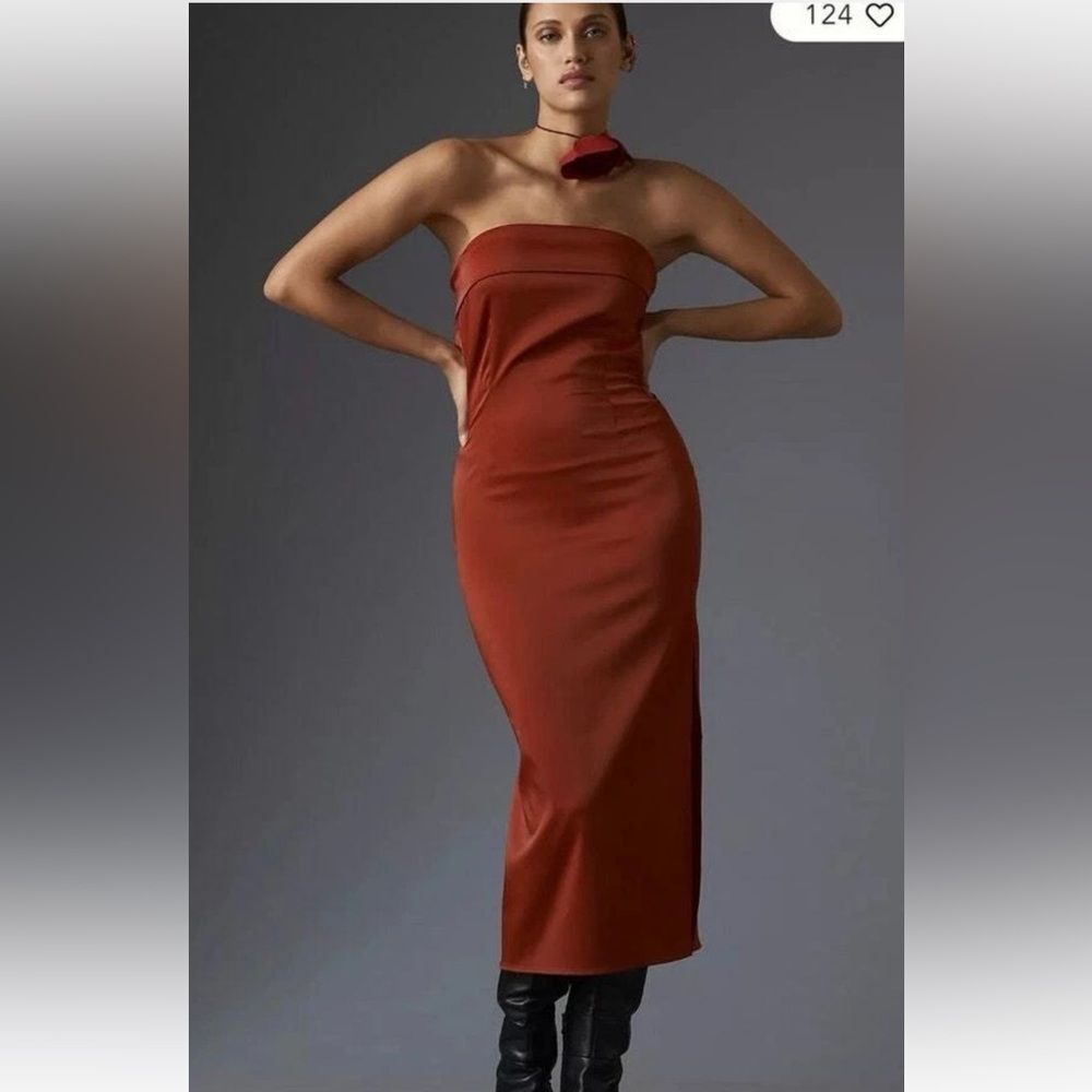 By Anthropologie Strapless cowl-back Rust / red Dress S sexy slit date night